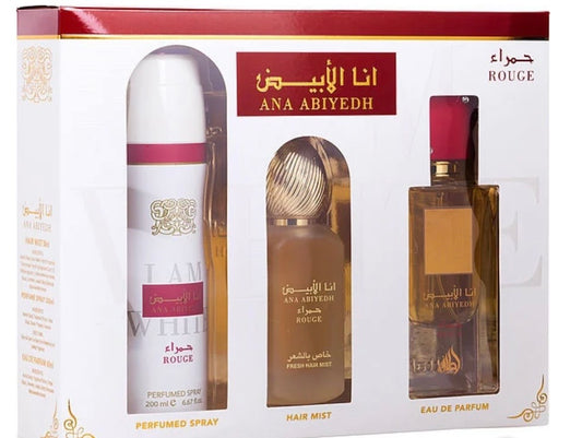 Lattafa Ana Abiyedh Rouge 3pc Set: 3.4oz EDP Spray + Hair Mist + Body Spray