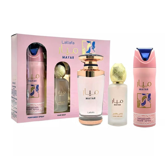 Lattafa Mayar 3pc Set: 3.4oz EDP Spray ,1.7oz Hair Mist , 6.7oz Body spray